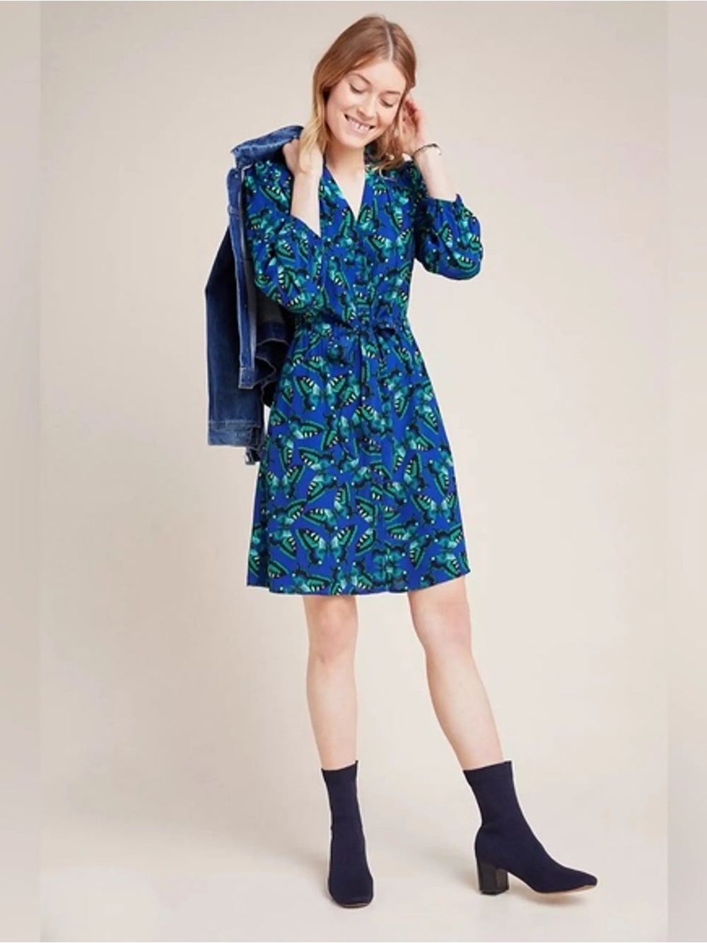 Maeve Pippa Blue and Teal Butterfly-Print Long-Sleeve Dress